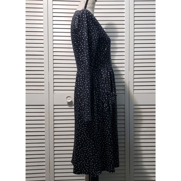 Kilig Polka-dot Midi Dress Women's Black Medium Long Sleeve Faux Button Pockets - Picture 3 of 9
